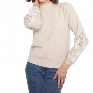 NEW CHARLIE B embroidered flowers mock neck sweater in almond
